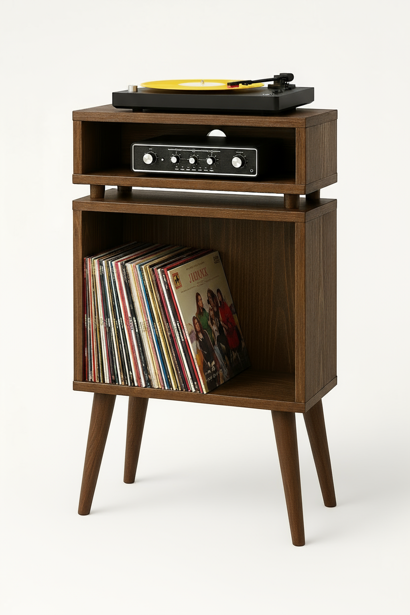 Record Player Stand & Vinyl Storage Cabinet | Solid Wood Media Tower