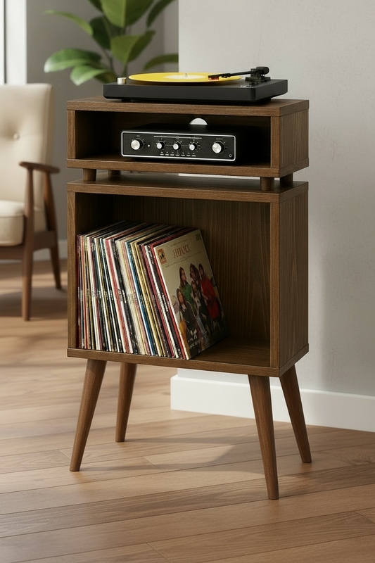 Record Player Stand & Vinyl Storage Cabinet | Solid Wood Media Tower