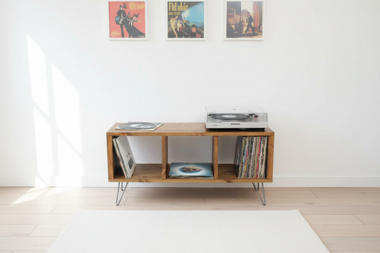Industrial Wood Record Stand & Vinyl Cabinet | TV Unit with Hairpin Legs