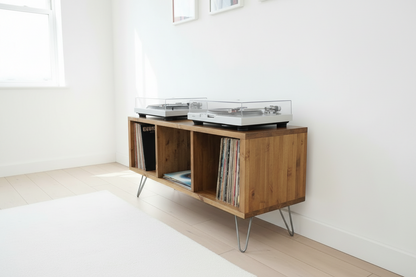 Industrial Wood Record Stand & Vinyl Cabinet | TV Unit with Hairpin Legs