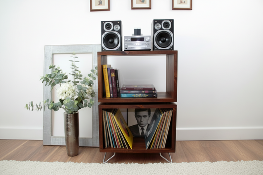 Double‑Decker Record Storage Stand | Solid Wood Media Cabinet