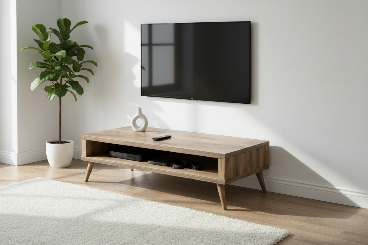 Mid-Century Style Solid Wood TV Unit with Open Shelf Storage