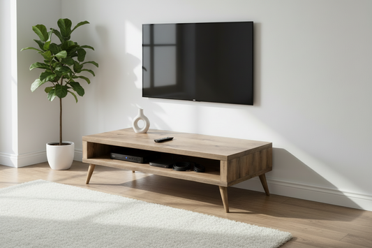 Mid-Century Style Solid Wood TV Unit with Open Shelf Storage