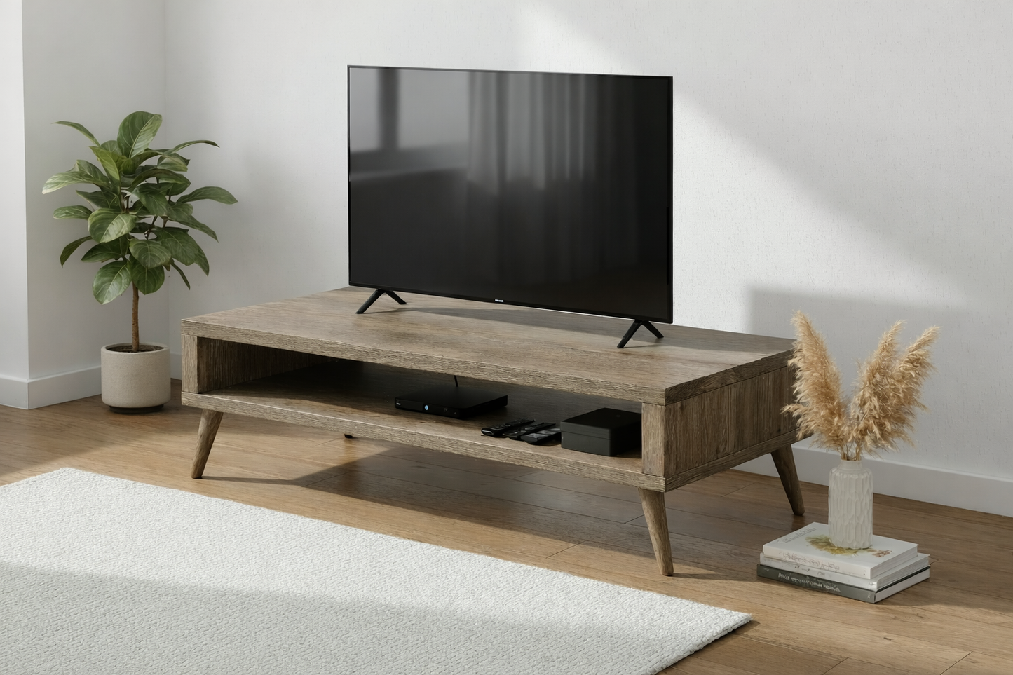 Mid-Century Style Solid Wood TV Unit with Open Shelf Storage