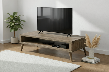 Mid-Century Style Solid Wood TV Unit with Open Shelf Storage