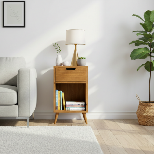 Solid Wood Mid-Century Bedside Table with Storage Drawer
