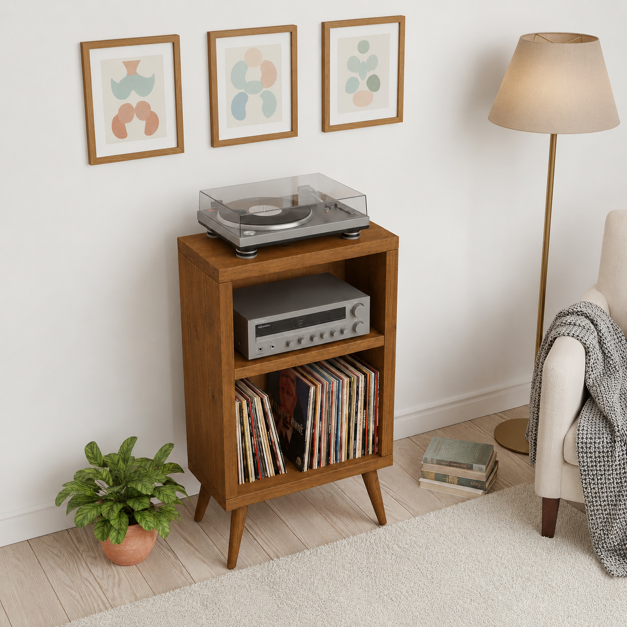 Record Player Stand & Vinyl Storage Cabinet | Solid Wood Media Tower