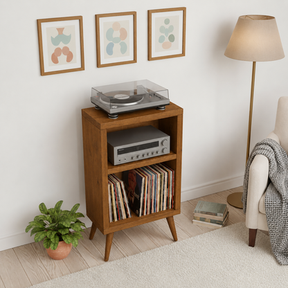 Record Player Stand & Vinyl Storage Cabinet | Solid Wood Media Tower