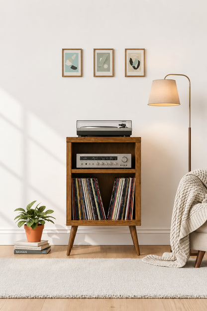 Record Player Stand & Vinyl Storage Cabinet | Solid Wood Media Tower