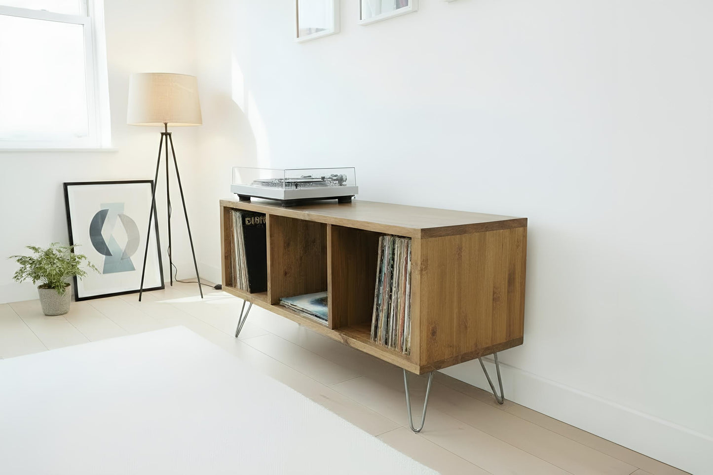 Industrial Wood Record Stand & Vinyl Cabinet | TV Unit with Hairpin Legs