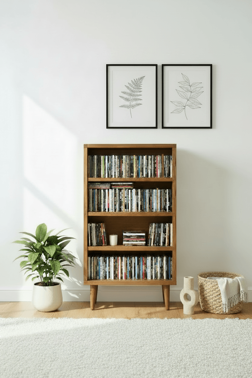 Mid-Century Modern CD Storage Cabinet - Wooden Media Storage Bookcase with 4 Shelves