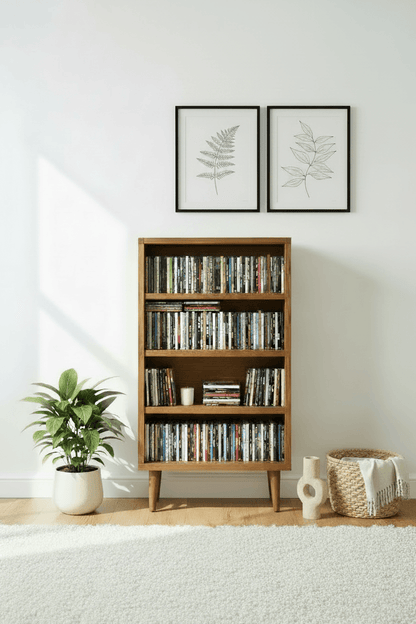 Mid-Century Modern CD Storage Cabinet - Wooden Media Storage Bookcase with 4 Shelves