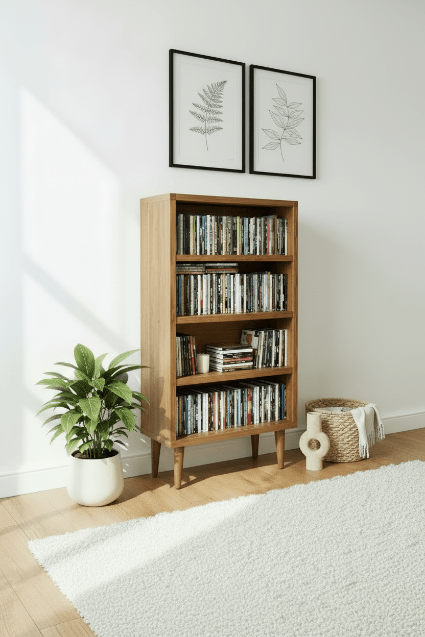 Mid-Century Modern CD Storage Cabinet - Wooden Media Storage Bookcase with 4 Shelves