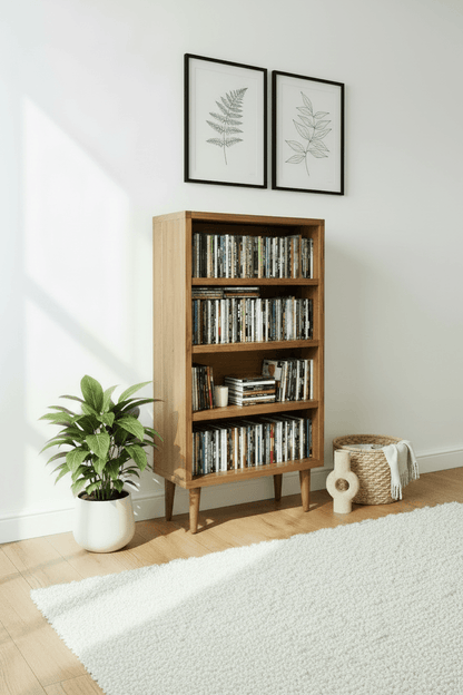 Mid-Century Modern CD Storage Cabinet - Wooden Media Storage Bookcase with 4 Shelves