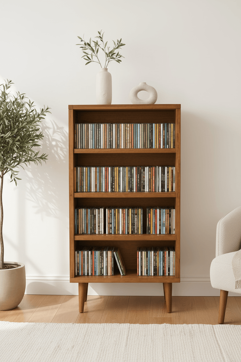 Mid-Century Modern CD Storage Cabinet - Wooden Media Storage Bookcase with 4 Shelves