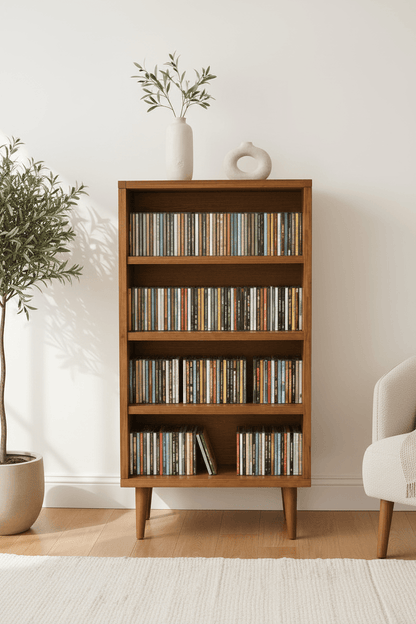 Mid-Century Modern CD Storage Cabinet - Wooden Media Storage Bookcase with 4 Shelves