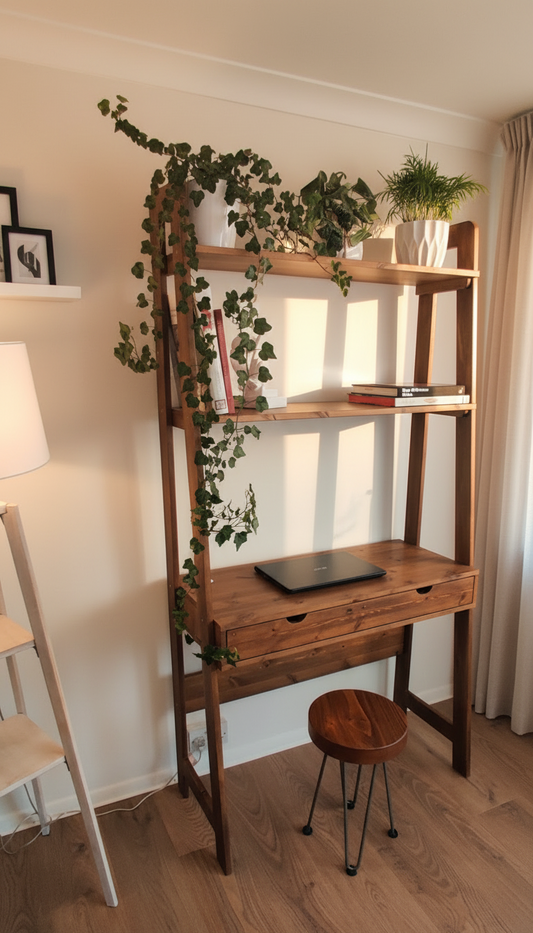 Ladder‑Style Modular Wooden Desk | Solid Wood Shelves & Drawer
