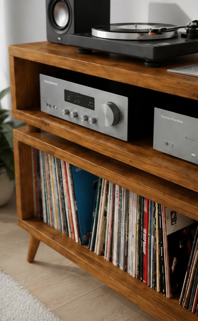 A mid-century modern wooden media console with open shelves, styled with a turntable on top, silver audio equipment in the middle shelf, and vinyl records in the lower shelf, set in a bright room.