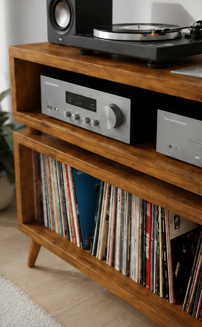 A mid-century modern wooden media console with open shelves, styled with a turntable on top, silver audio equipment in the middle shelf, and vinyl records in the lower shelf, set in a bright room.