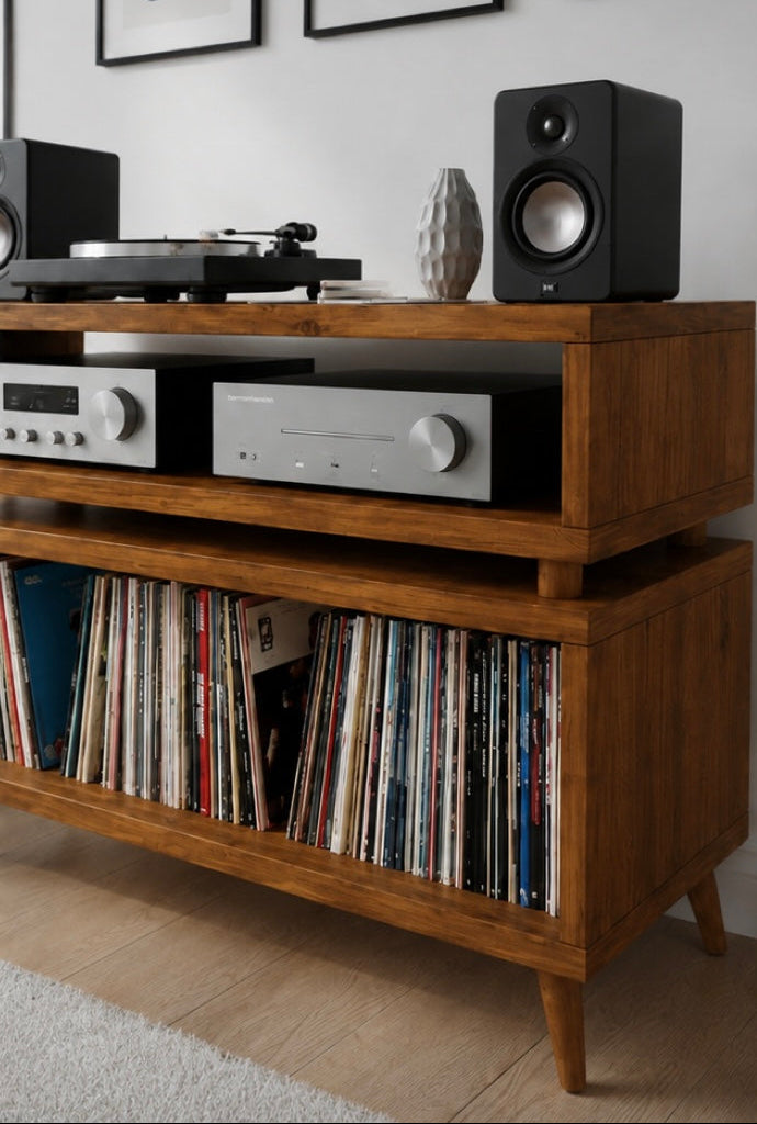 A mid-century modern wooden media console with legs, styled in a living room setting with a turntable, speakers, audio equipment, and vinyl records.