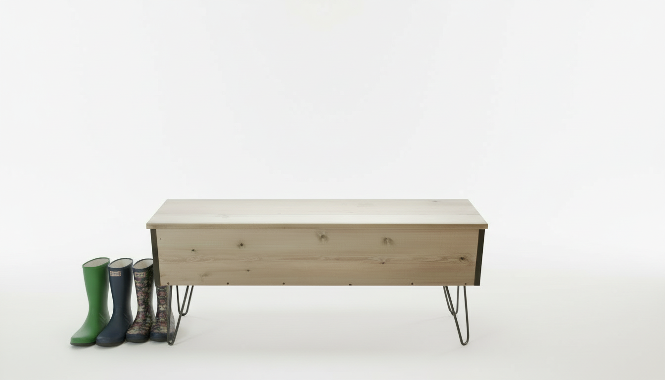 Industrial Wooden Storage Bench with Hairpin Legs | Solid Wood Seating