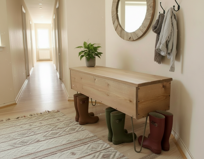 Industrial Wooden Storage Bench with Hairpin Legs | Solid Wood Seating