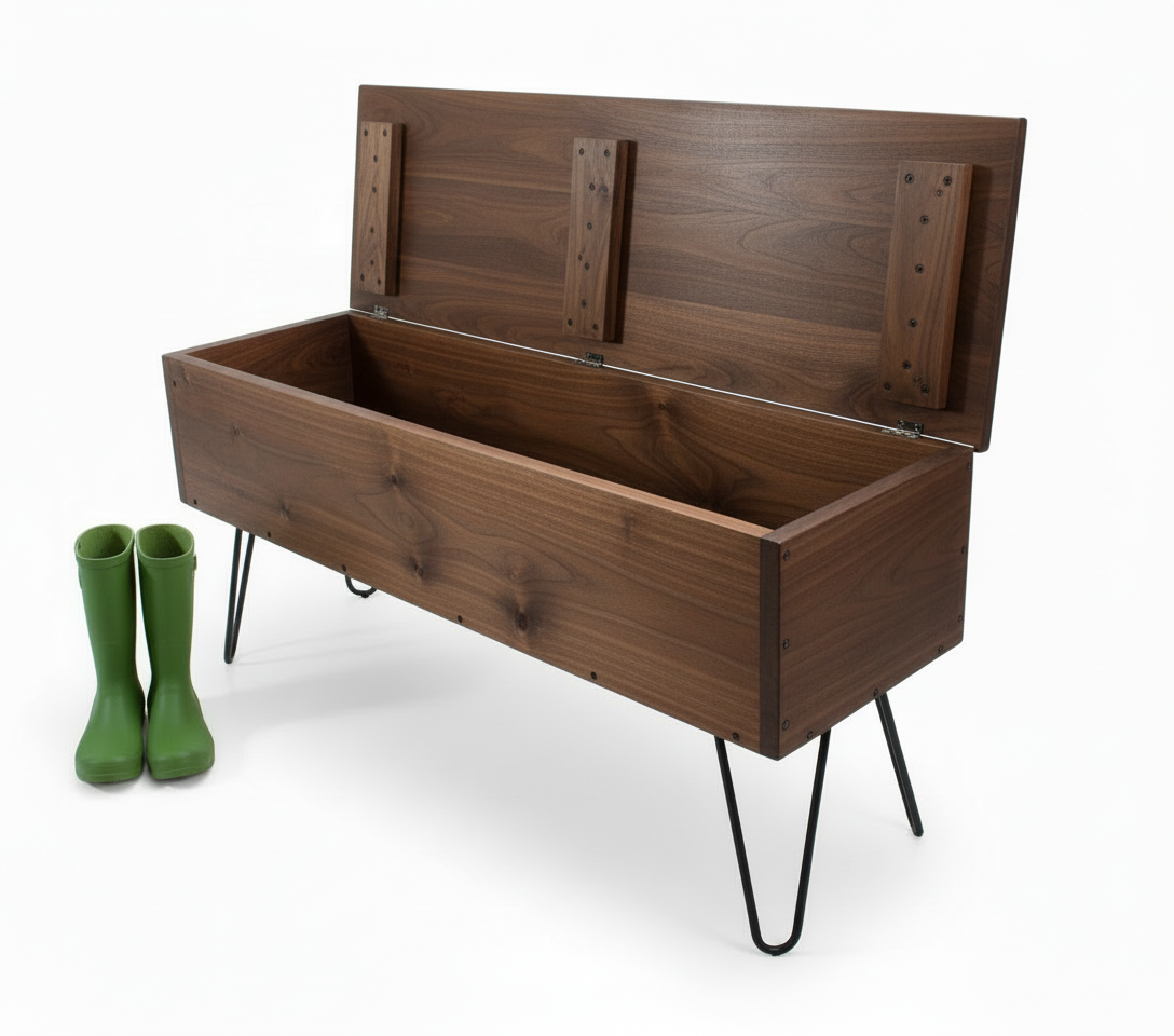 Industrial Wooden Storage Bench with Hairpin Legs | Solid Wood Seating