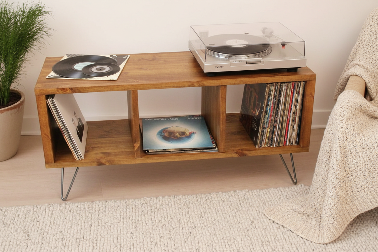 Industrial Wood Record Stand & Vinyl Cabinet | TV Unit with Hairpin Legs