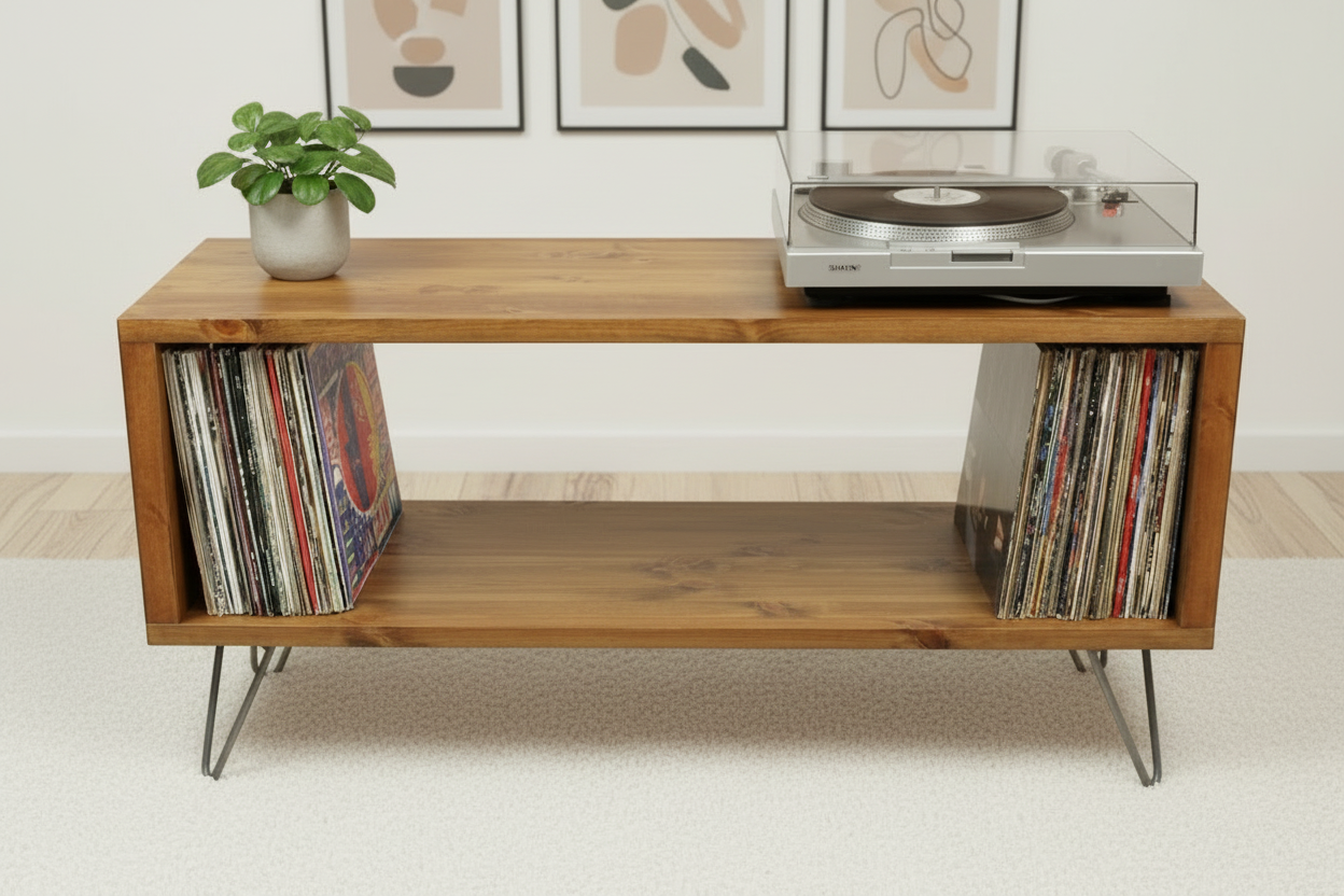 Wooden Industrial Record Player Stand, Record Storage Cabinet, TV stand, Records Stand - Open Storage