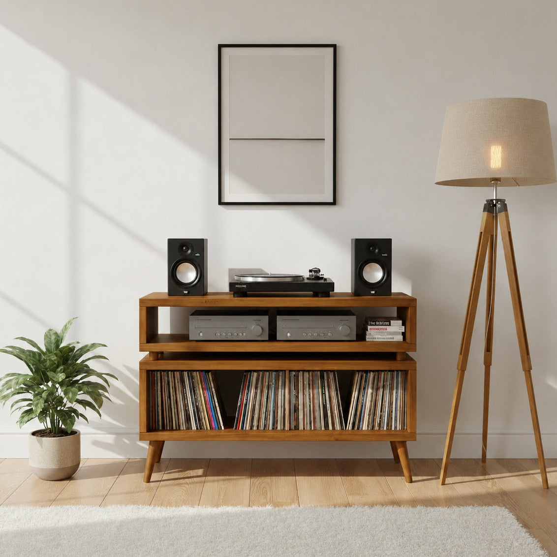 A mid-century modern wooden record player console stands in a bright living room setting against a white wall, styled with speakers, a turntable, record vinyls, a potted plant, and a floor lamp.