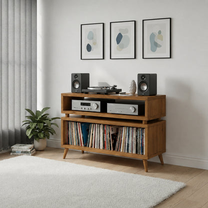 A mid-century modern wooden media console in a warm brown finish, styled in a living room setting with a turntable, speakers, record players, and vinyl records on its shelves.