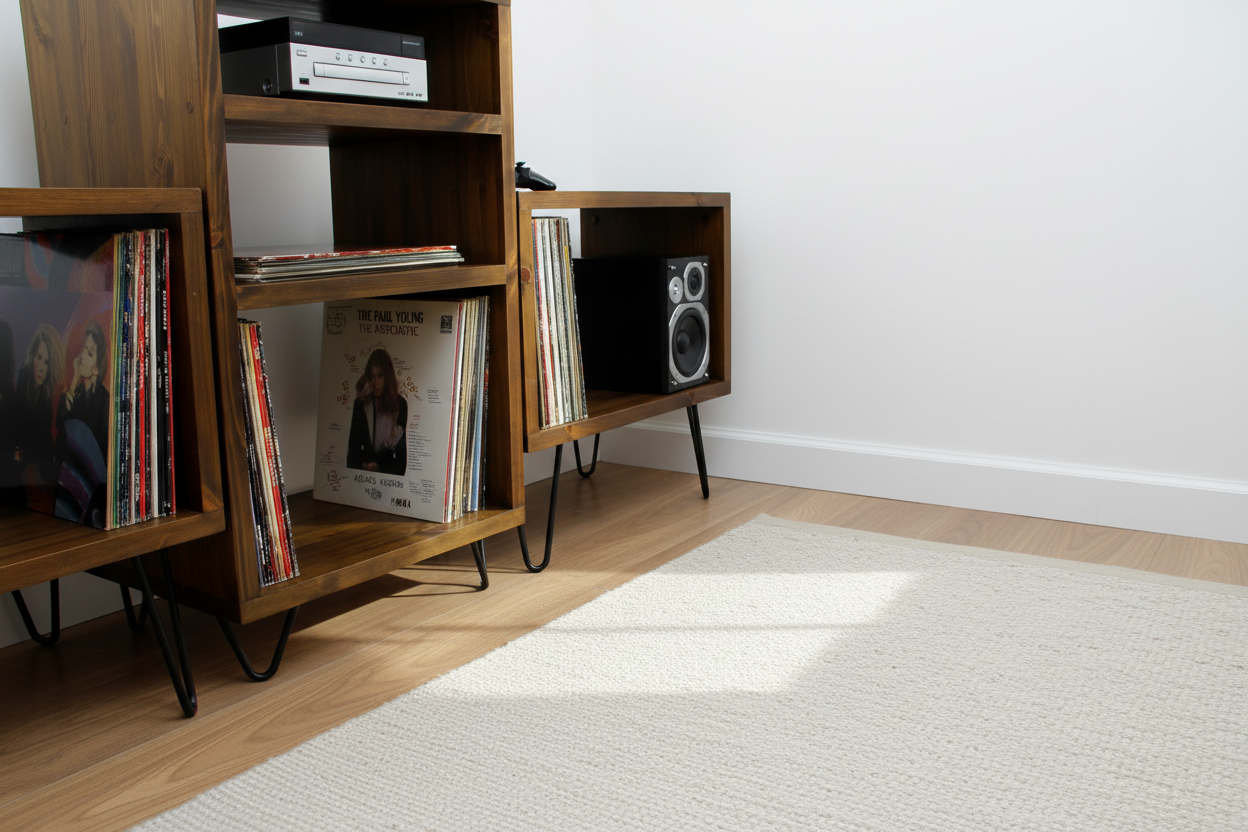 Rustic Industrial Record Player Stand & Vinyl Cabinet | Solid Wood Music Unit