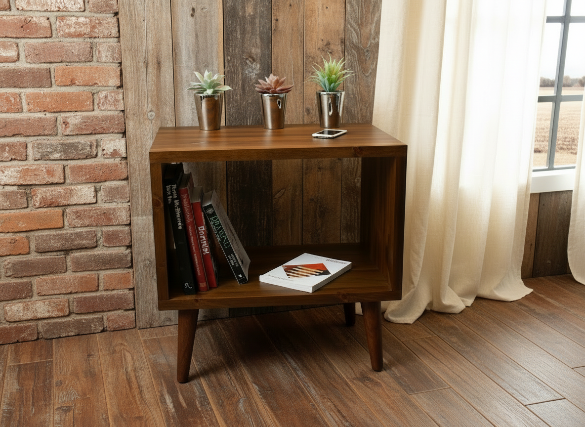 Vintage Industrial Wooden Bedside Table & Record Cabinet | Solid Wood