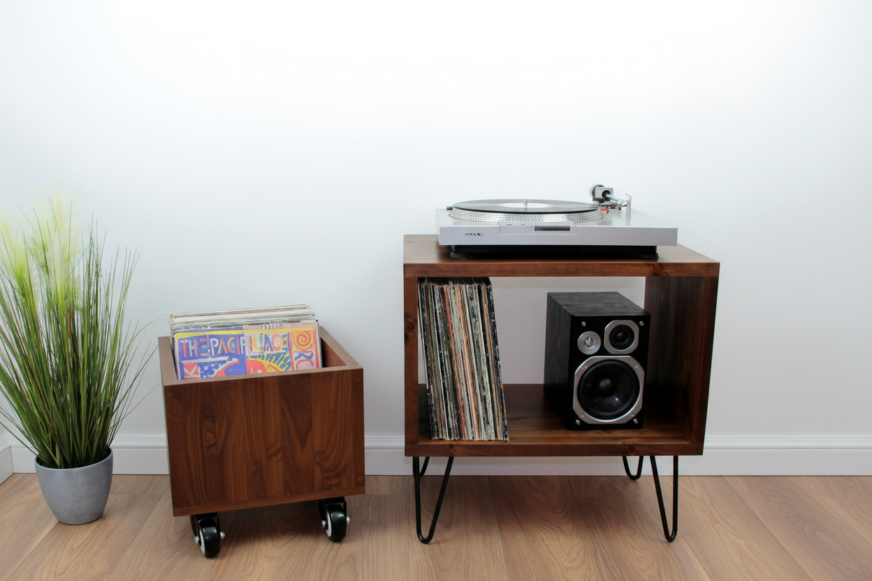 Vintage Industrial Wooden Bedside Table & Record Cabinet | Solid Wood