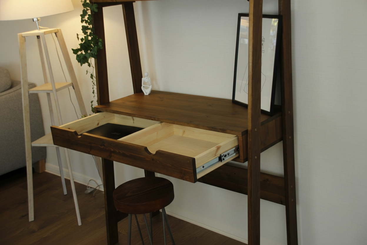 Ladder‑Style Modular Wooden Desk | Solid Wood Shelves & Drawer