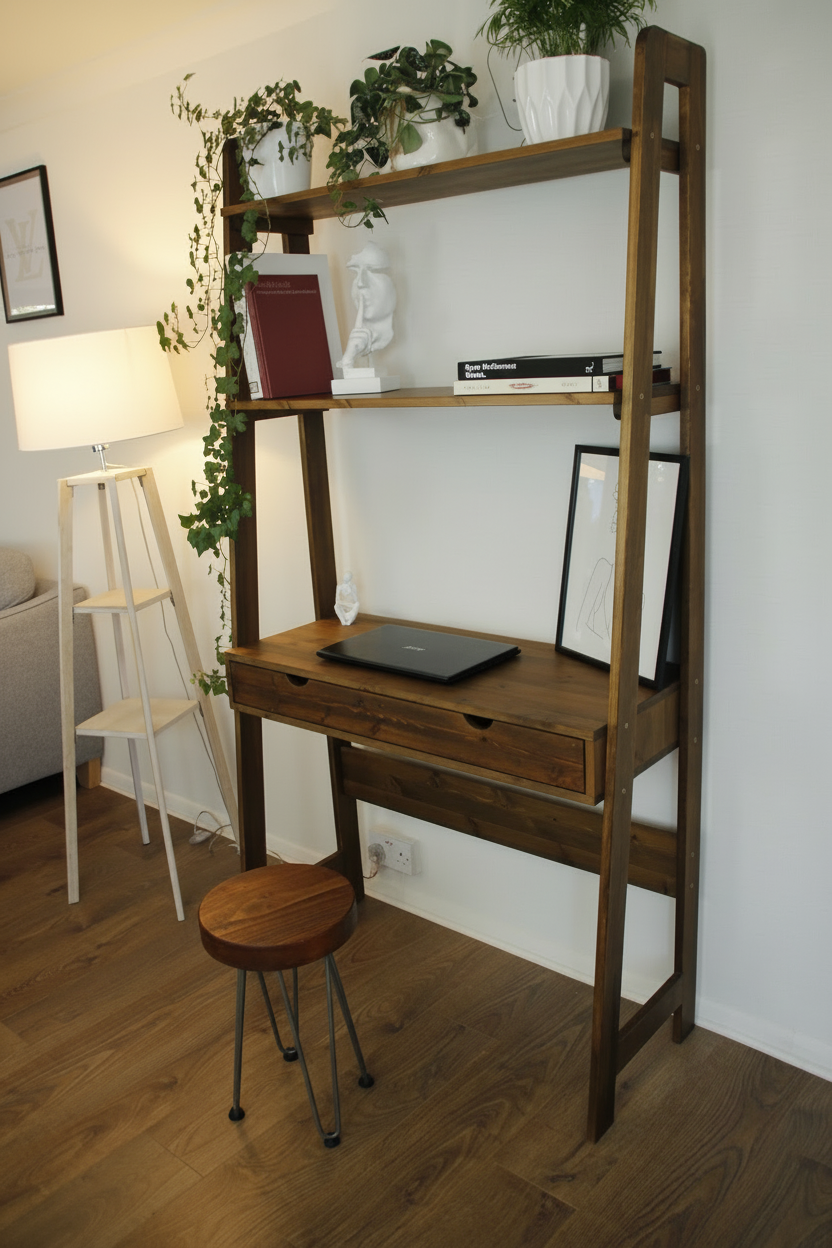 Ladder‑Style Modular Wooden Desk | Solid Wood Shelves & Drawer