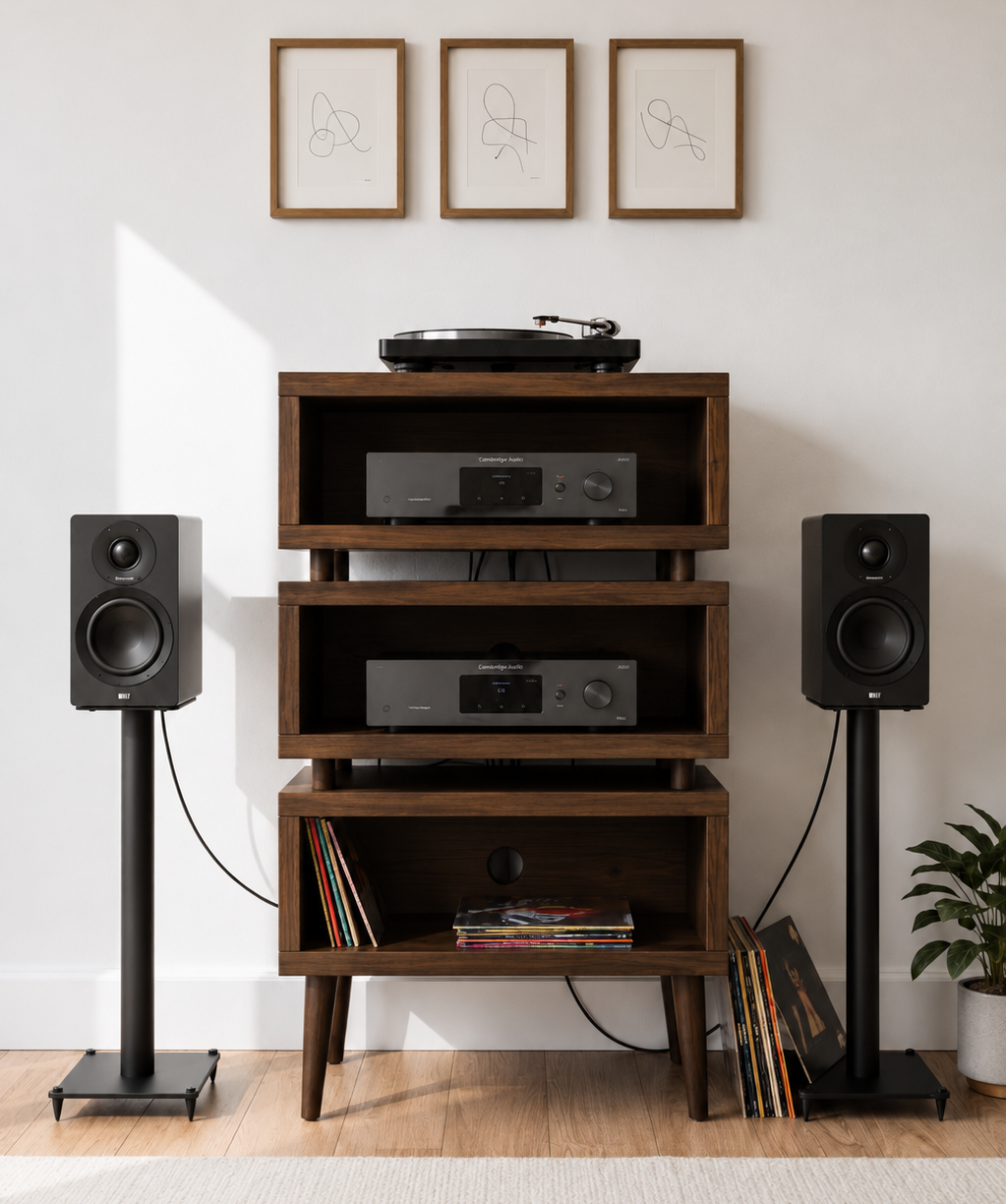 A mid-century modern wooden media console with open shelves stands in a living room setting, flanked by two black speakers on stands. The console holds a turntable on top and various media items inside, with three minimalist framed prints hanging on the wall above.