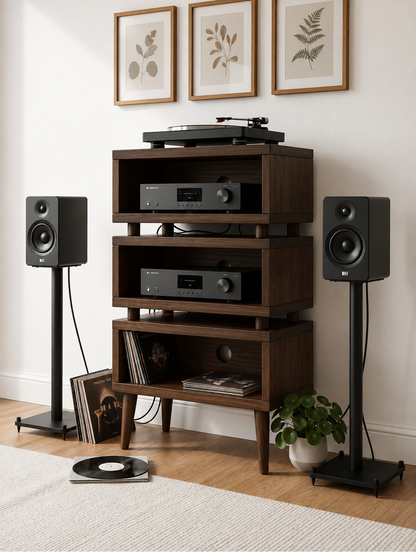 A dark wood audio media console in a modern living room setting, styled with a turntable on top, two black speakers on stands, and framed botanical prints on the wall.
