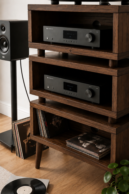 A dark brown wooden media console stand holding two silver audio receivers, with vinyl records stored in its open lower shelves. A black speaker and a potted plant are visible in a home interior setting.