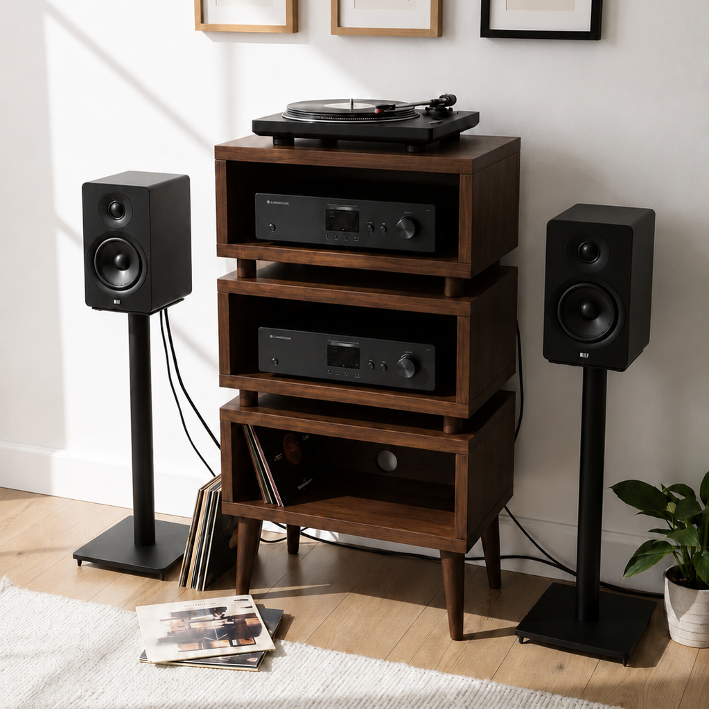 Retro Solid Wood Record Player Stand with Vinyl Storage, CD Drawer & HiFi Rack