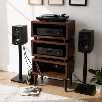 Retro Solid Wood Record Player Stand with Vinyl Storage, CD Drawer & HiFi Rack