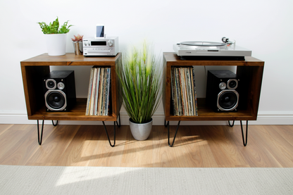 Pair of Rustic Industrial Bedside Vinyl Storage Cabinets | Wooden Record Player Stands