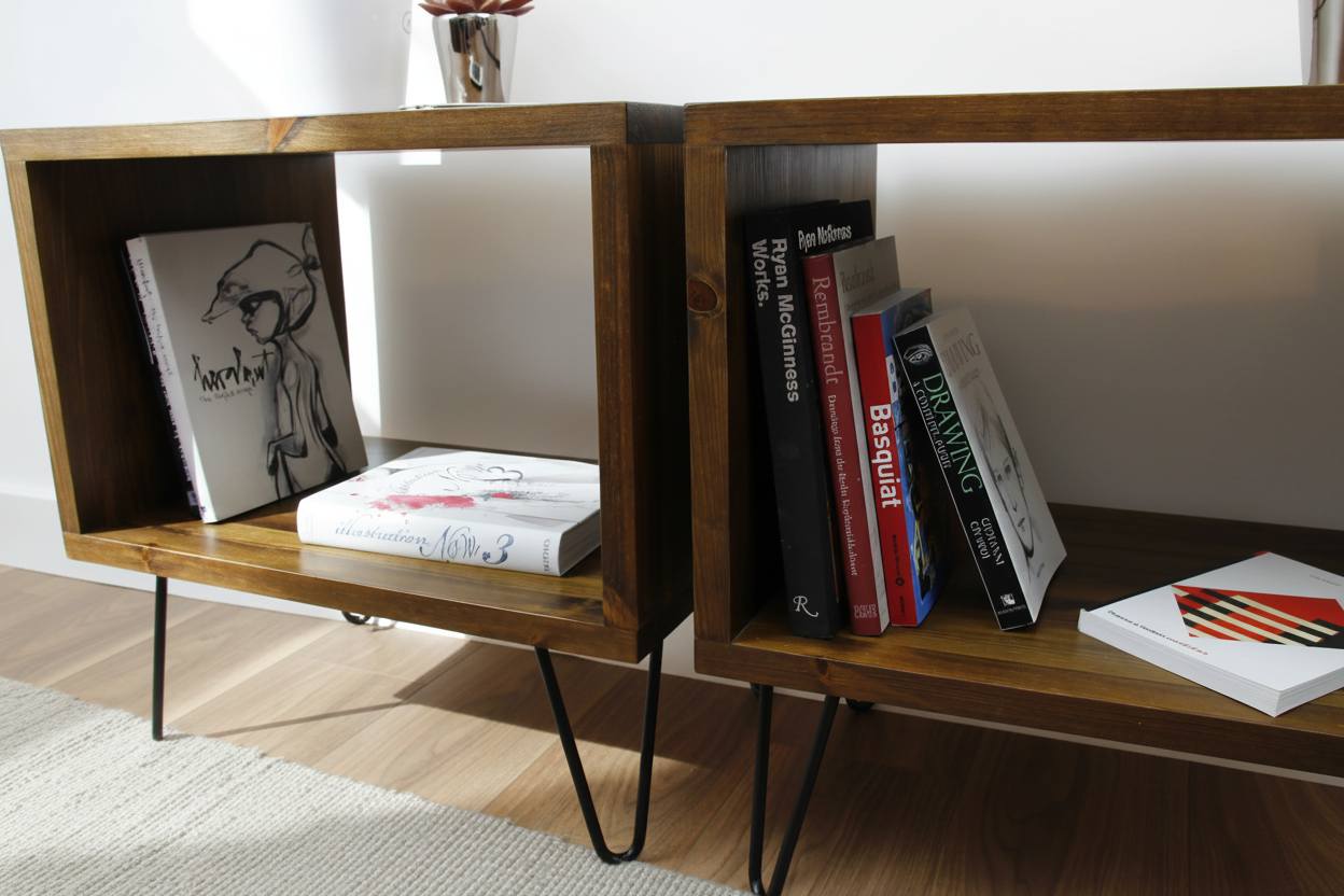 Pair of Rustic Industrial Bedside Vinyl Storage Cabinets | Wooden Record Player Stands