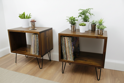 Pair of Rustic Industrial Bedside Vinyl Storage Cabinets | Wooden Record Player Stands