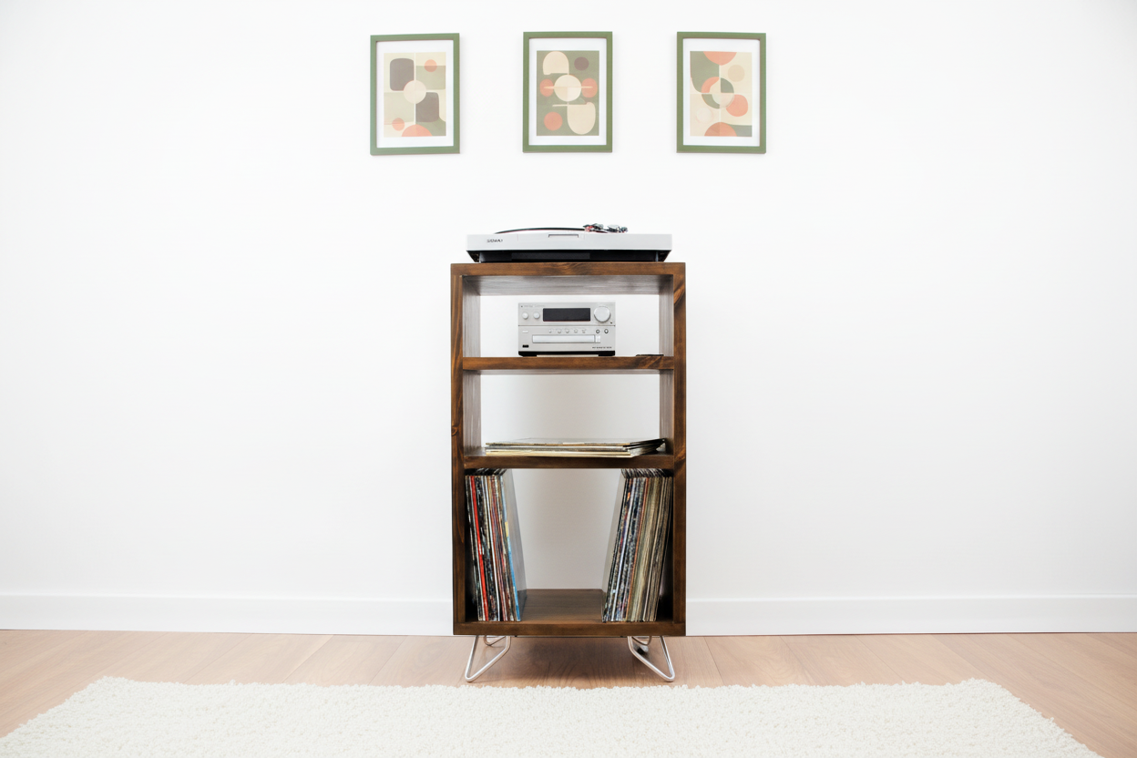 Tower‑Style Record Player Stand & Vinyl Storage Cabinet | Solid Wood Media Tower