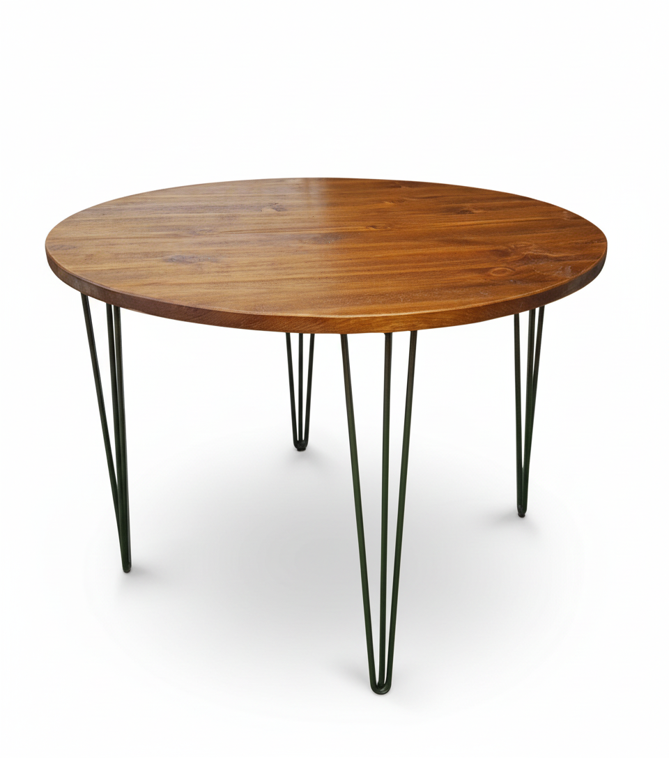 Rustic Industrial Round Dining Table | Solid Wood with Hairpin Legs