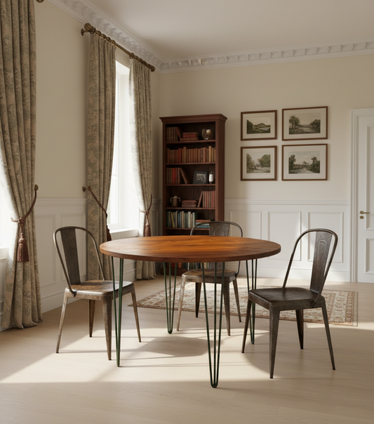 Rustic Industrial Round Dining Table | Solid Wood with Hairpin Legs