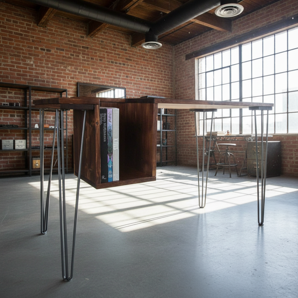 Solid Wood Office Desk with Bookshelf | Handmade Industrial Desk