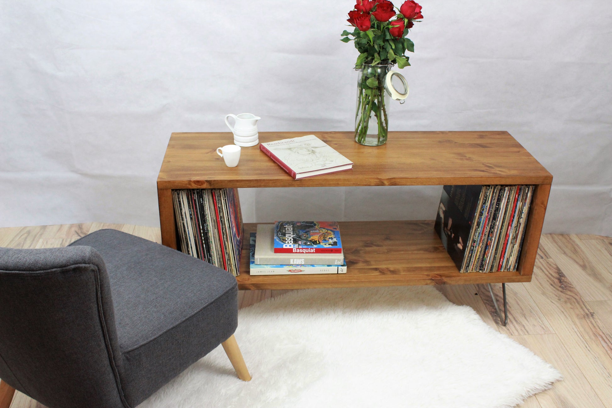 Wooden Industrial Record Player Stand, Record Storage Cabinet, TV stand, Records Stand - Open Storage COLOUR FURNITURE 